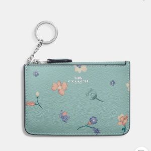 New Coach Key Pouch With Mystical Floral Print Silver/Light Teal Multi